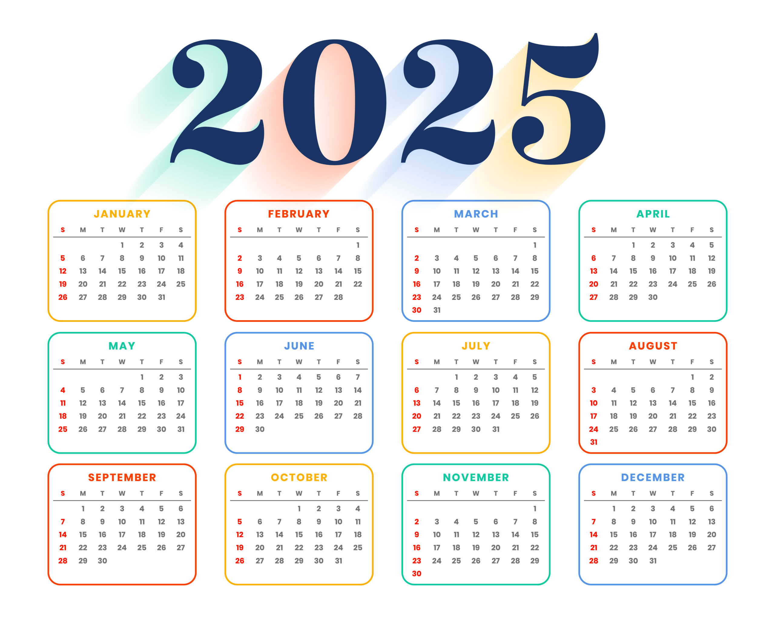 2025 colorful annual calendar template a printable design vector